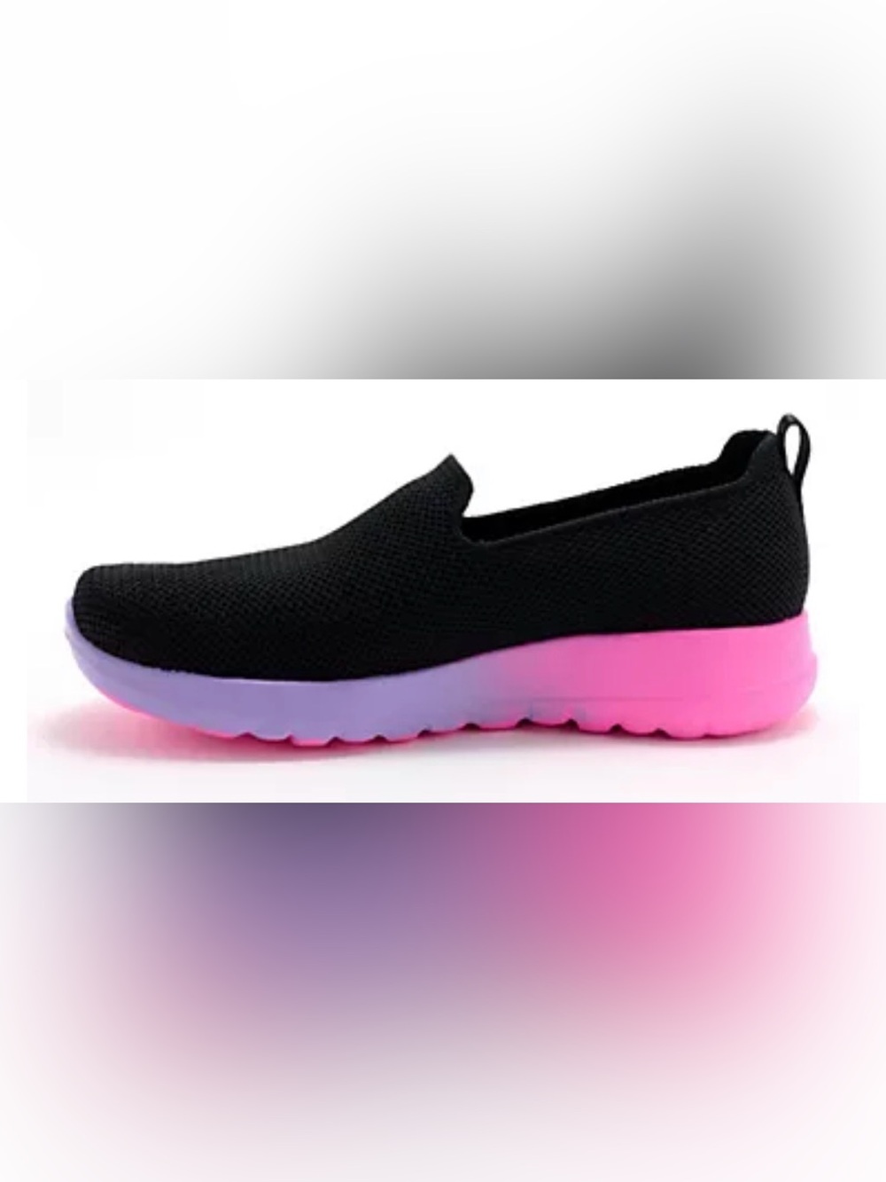 Skechers Women's Black Slip-On Sneakers with Pink and Lavender Gradient Sole - Picture 3 of 10